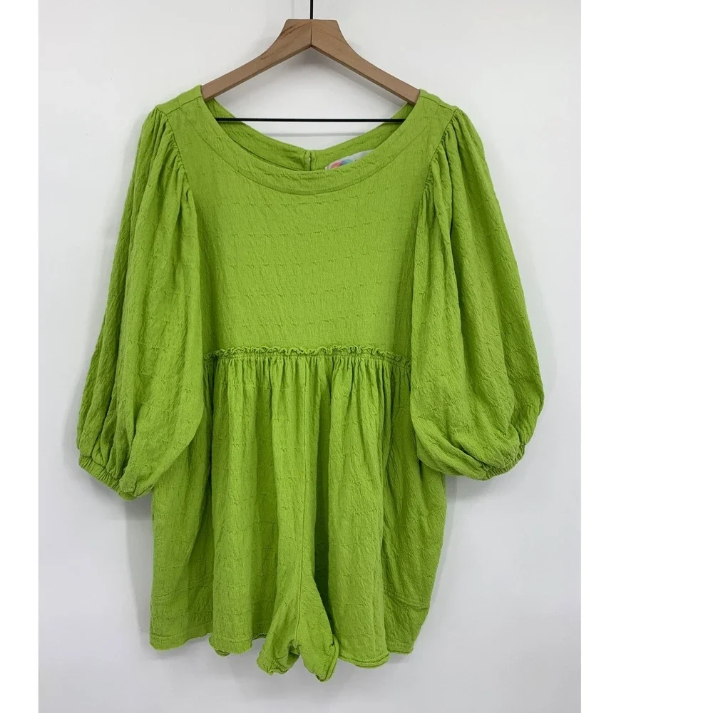 Free People Beach Romper Womens Medium Green Textured Balloon Sleeve Keyhole